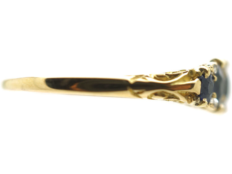 Victorian 18ct Gold Five Stone Sapphire & Rose Diamond Carved Half Hoop Ring