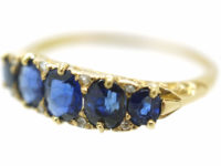 Victorian 18ct Gold Five Stone Sapphire & Rose Diamond Carved Half Hoop Ring