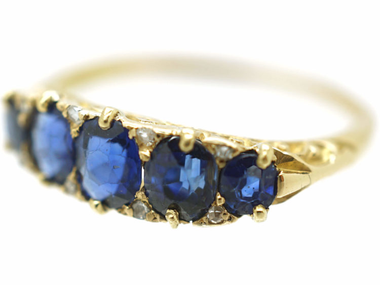 Victorian 18ct Gold Five Stone Sapphire & Rose Diamond Carved Half Hoop Ring