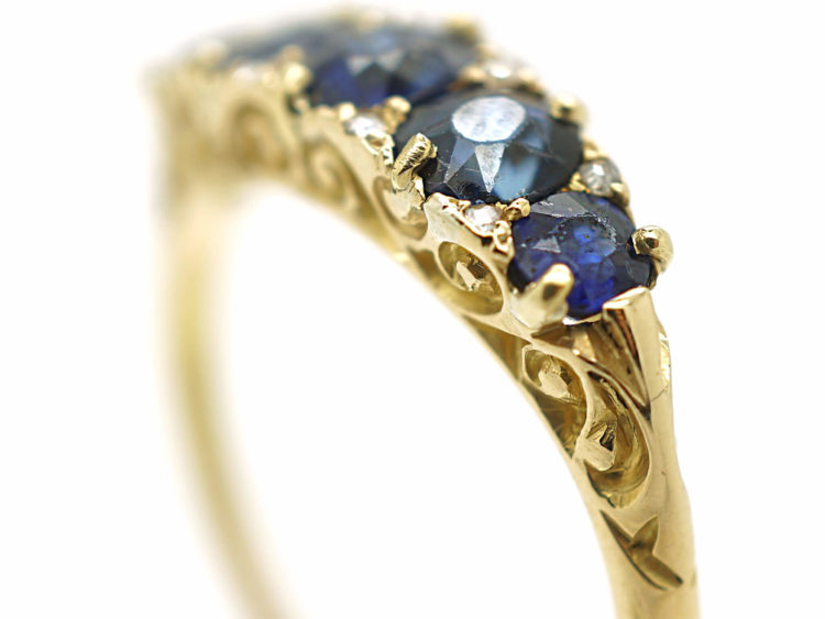 Victorian 18ct Gold Five Stone Sapphire & Rose Diamond Carved Half Hoop Ring
