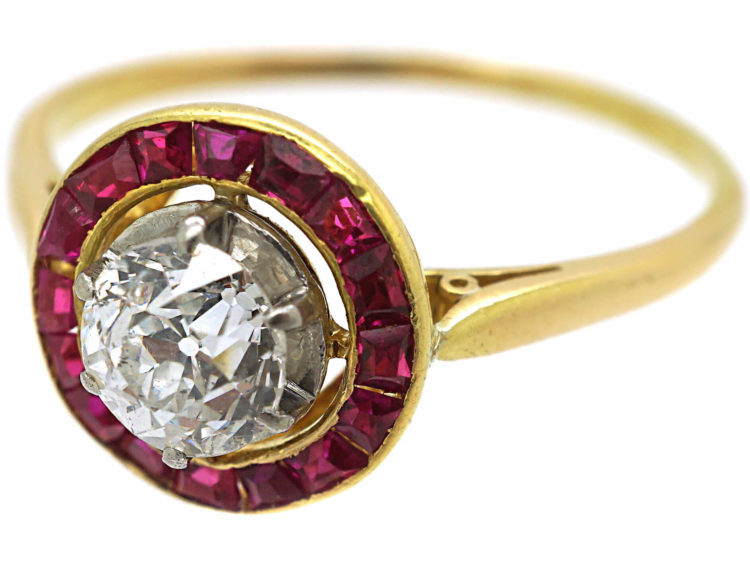 French Art Deco 18ct Gold, Ruby & Diamond Target Ring