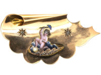 Victorian 18ct Gold Enamelled Cherub in Rose Diamond Set Coracle Brooch