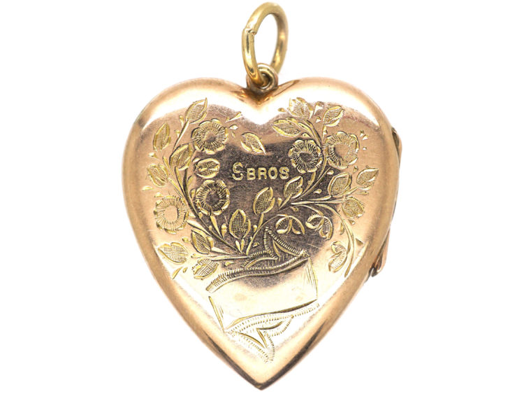 Edwardian 9ct gold Heart Shaped Locket with Flower Basket Detail