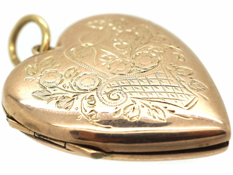 Edwardian 9ct gold Heart Shaped Locket with Flower Basket Detail