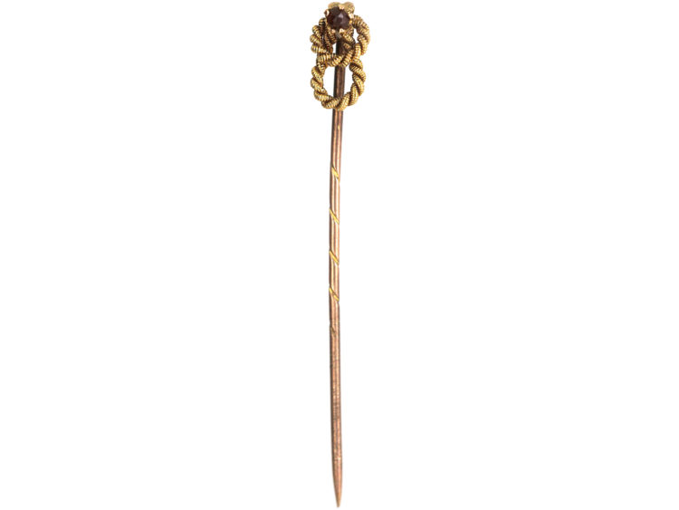 Victorian 15ct Gold Double Knot Rope Tie Pin set with a Garnet