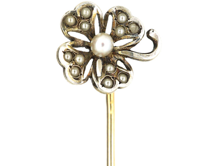 Edwardian Silver & Natural Split Pearl Shamrock Tie Pin