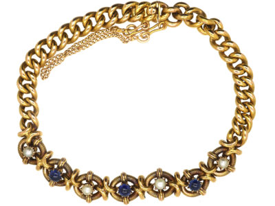 Edwardian 15ct Gold Cabochon Sapphire & Natural Pearl Bracelet
