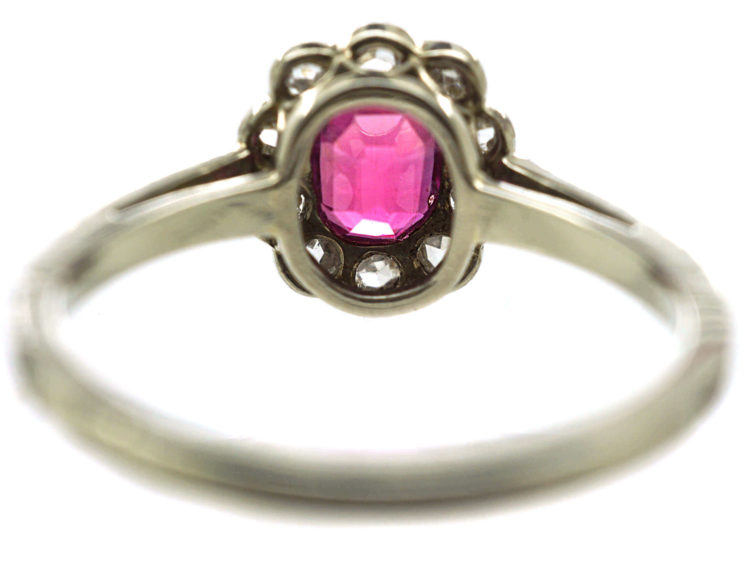 Edwardian 18ct White Gold & Platinum, Pink Sapphire & Rose Diamond Cluster Diamond Ring with Rose Diamond Shoulders