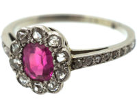 Edwardian 18ct White Gold & Platinum, Pink Sapphire & Rose Diamond Cluster Diamond Ring with Rose Diamond Shoulders