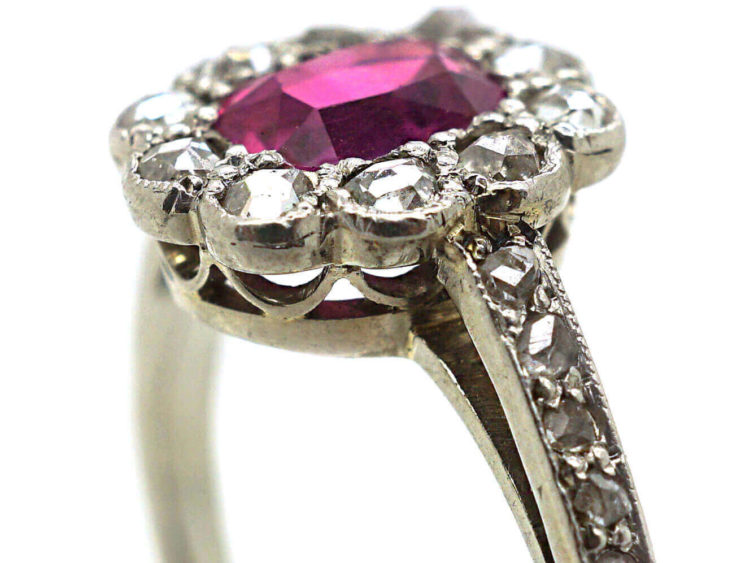 Edwardian 18ct White Gold & Platinum, Pink Sapphire & Rose Diamond Cluster Diamond Ring with Rose Diamond Shoulders