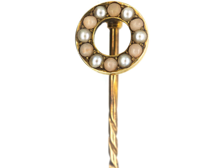 Edwardian Coral & Natural Split Pearl Round Tie Pin