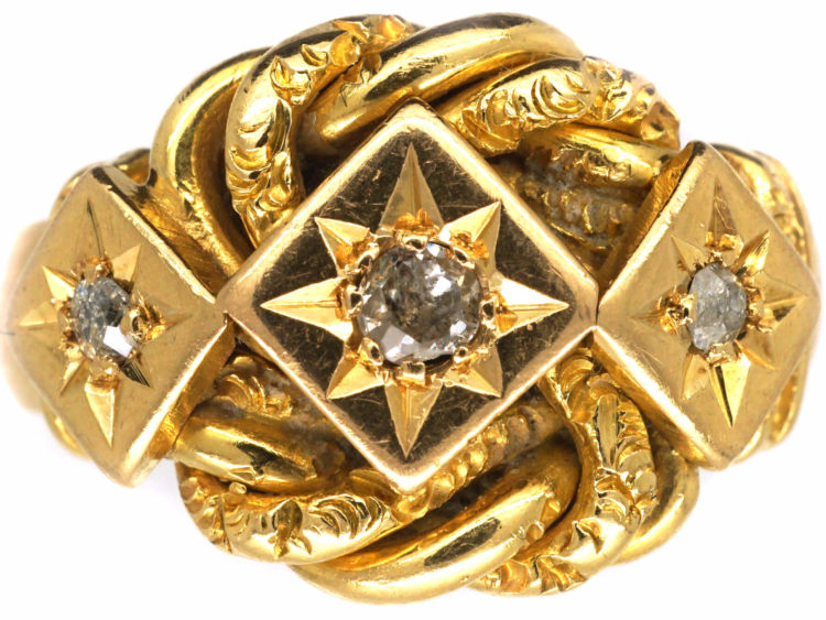 Edwardian 18ct Gold Lover's Knot Ring set with Three Diamonds