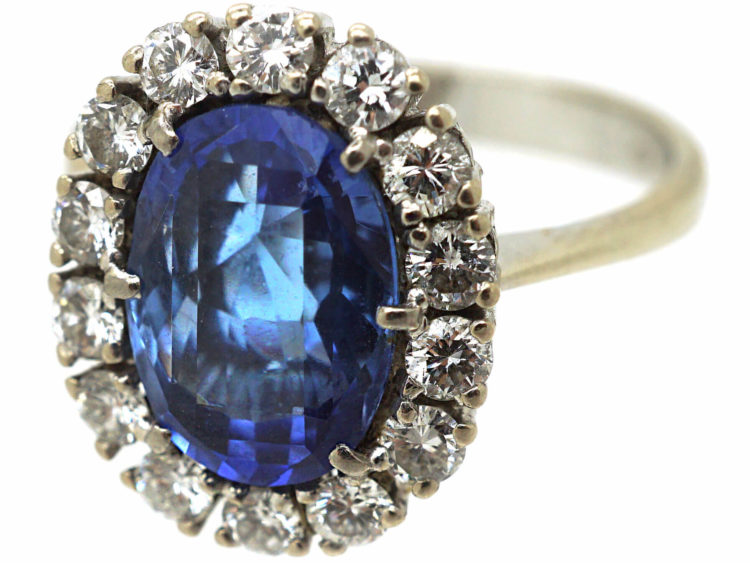 14ct White Gold Large Natural Ceylon Sapphire & Diamond Cluster Ring