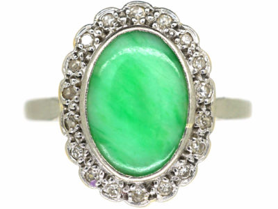 Art Deco 18ct Gold & Platinum, Jade & Diamond Oval Cluster Ring