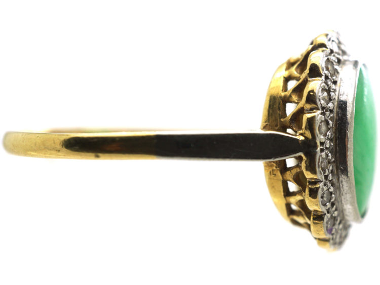 Art Deco 18ct Gold & Platinum, Jade & Diamond Oval Cluster Ring