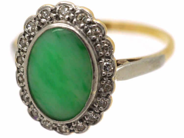 Art Deco 18ct Gold & Platinum, Jade & Diamond Oval Cluster Ring