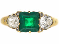 Victorian 18ct Gold Emerald & Diamond Three Stone Ring