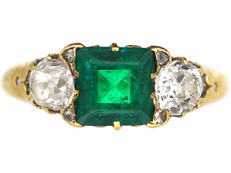 Victorian 18ct Gold Emerald & Diamond Three Stone Ring