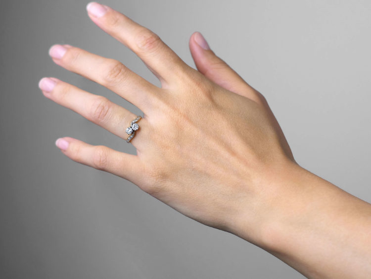 Edwardian 18ct Gold & Platinum Two Stone Diamond Crossover Ring with Diamond Set Shoulders