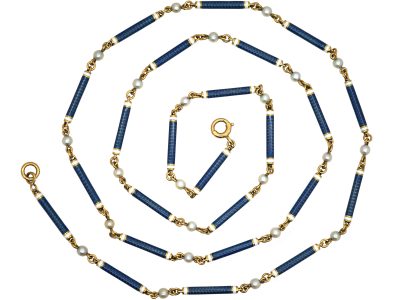 French Belle Epoque 18ct Gold, Blue & White Enamel & Natural Pearls Chain