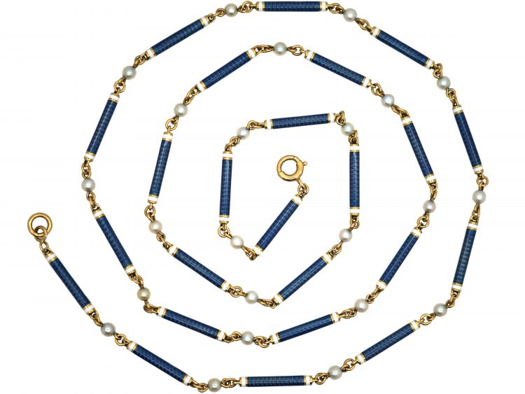 French Belle Epoque 18ct Gold, Blue & White Enamel & Natural Pearls Chain