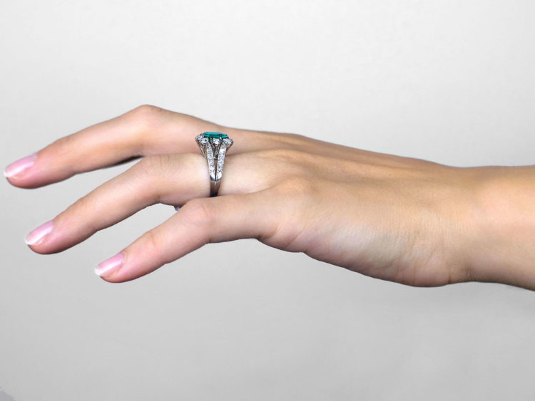 French Platinum Diamond & Emerald Ring