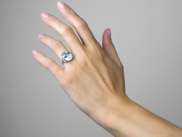 Art Deco Platinum, Aquamarine Ring with Diamond Set Shoulders