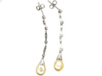 Art Deco Platinum, Natural Saltwater Pearl & Diamond Drop Earrings