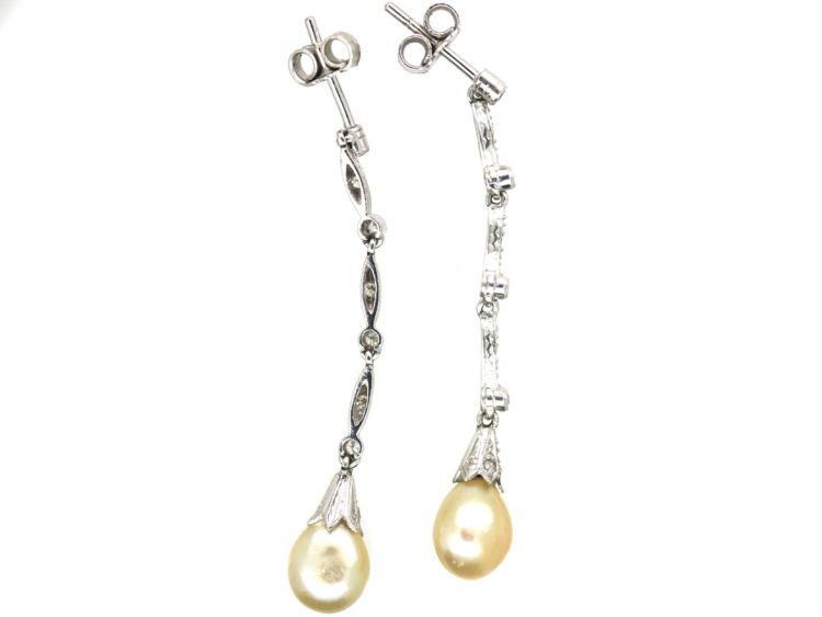 Art Deco Platinum, Natural Saltwater Pearl & Diamond Drop Earrings