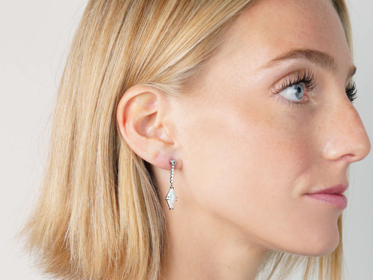 Art Deco Platinum, Opal & Diamond Drop Earrings