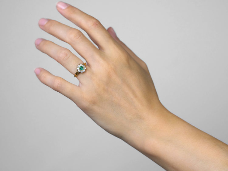 Edwardian 18ct Gold, Emerald & Diamond Cluster Ring