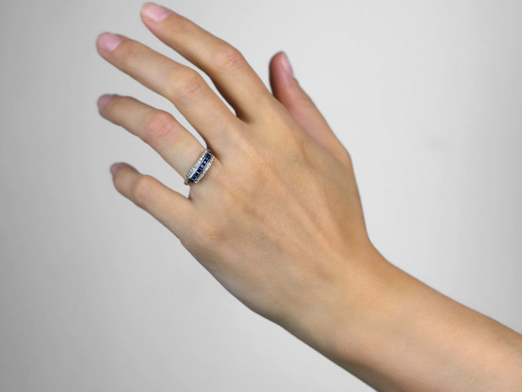 18ct White Gold, Sapphire & Diamond Three Row Ring