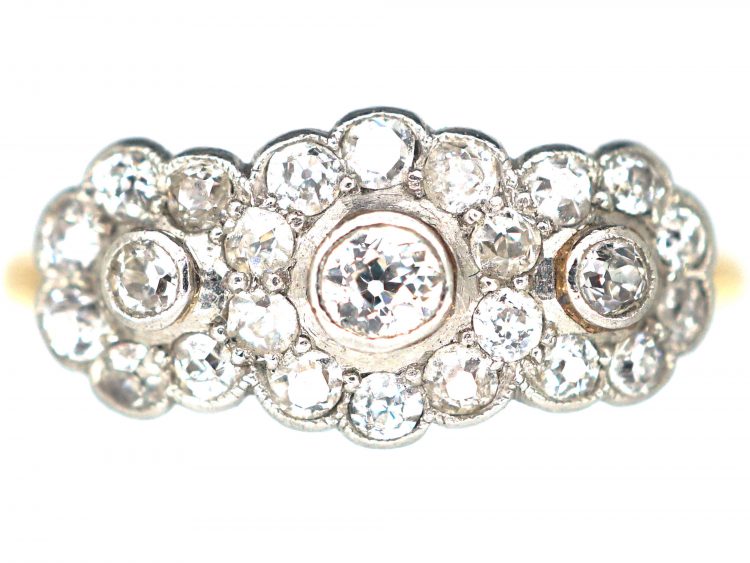 Edwardian 18ct Gold, Platinum & Diamond Triple Cluster Ring