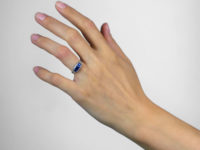 Art Deco Platinum, Three Stone Square Cut Sapphire & Diamond Boat Shaped Ring