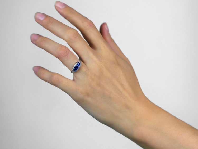 Art Deco Platinum, Three Stone Square Cut Sapphire & Diamond Boat Shaped Ring