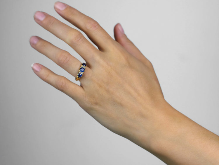 Victorian 18ct Gold Three Stone Sapphire & Diamond Carved Half Hoop Ring