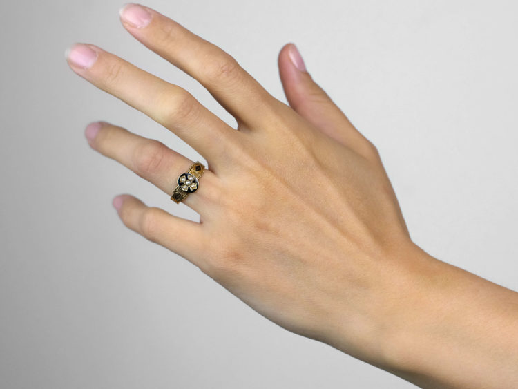 Victorian 18ct Gold Mourning Ring with Natural Split Pearl Cross