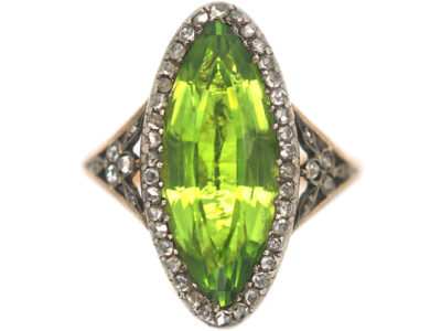 French Belle Epoque 18ct Gold, Peridot & Rose Diamond Marquise Ring
