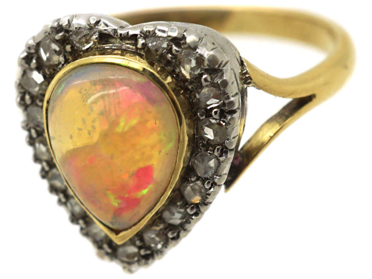 Edwardian 18ct Gold, Diamond & Opal Heart Shaped Ring
