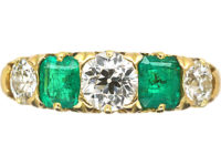 Victorian 18ct Gold, Emerald & Diamond Five Stone Carved Half Hoop Ring