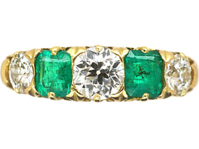 Victorian 18ct Gold, Emerald & Diamond Five Stone Carved Half Hoop Ring