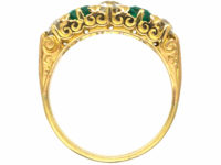 Victorian 18ct Gold, Emerald & Diamond Five Stone Carved Half Hoop Ring