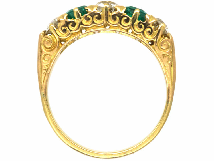 Victorian 18ct Gold, Emerald & Diamond Five Stone Carved Half Hoop Ring