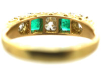 Victorian 18ct Gold, Emerald & Diamond Five Stone Carved Half Hoop Ring