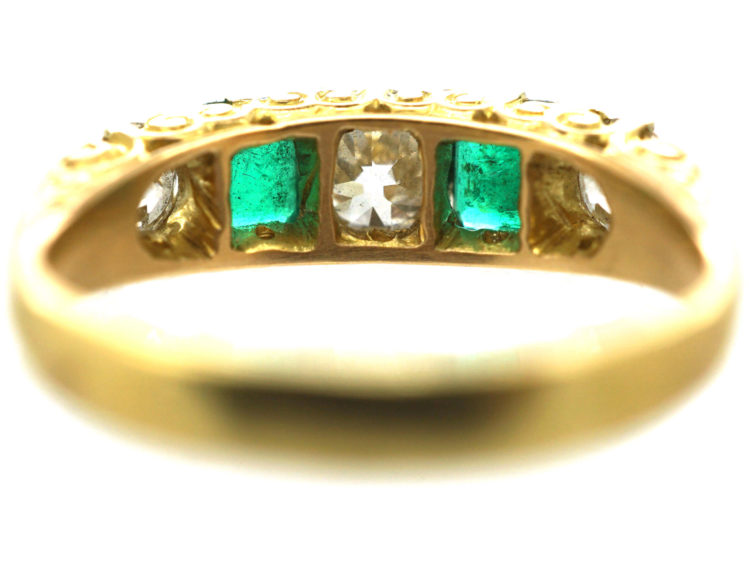 Victorian 18ct Gold, Emerald & Diamond Five Stone Carved Half Hoop Ring