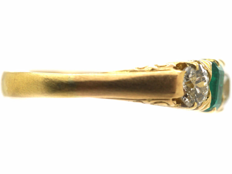 Victorian 18ct Gold, Emerald & Diamond Five Stone Carved Half Hoop Ring
