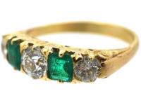 Victorian 18ct Gold, Emerald & Diamond Five Stone Carved Half Hoop Ring