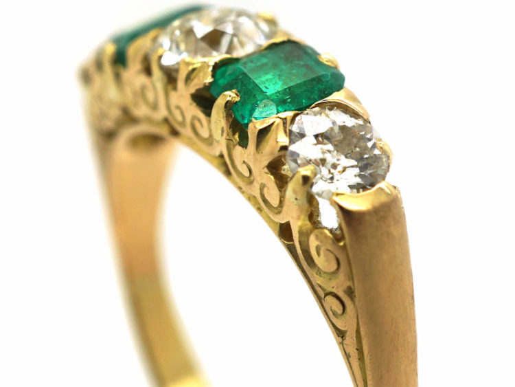 Victorian 18ct Gold, Emerald & Diamond Five Stone Carved Half Hoop Ring