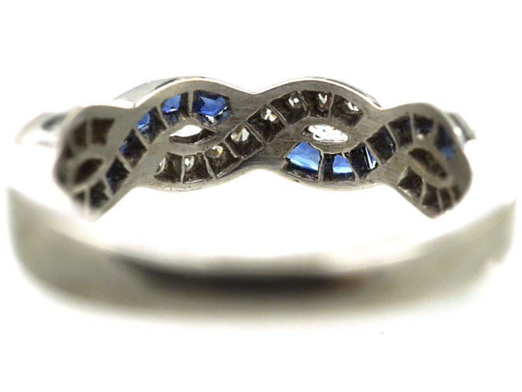 Art Deco 18ct White Gold, Sapphire & Diamond Interwoven Ribbon Design Ring