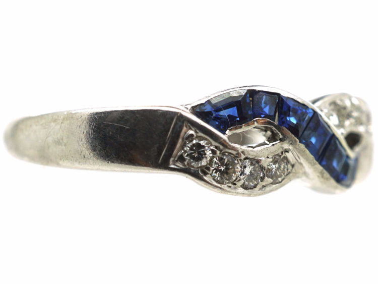 Art Deco 18ct White Gold, Sapphire & Diamond Interwoven Ribbon Design Ring